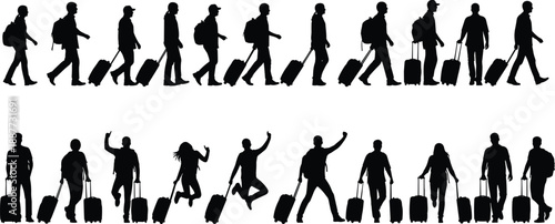 Traveler silhouettes with luggage showing people walking, jumping, and commuting, isolated on white background, symbolizing modern travel, airport journey, business and vacation mobility