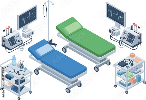 Isometric Medical Exam Room Beds, Machines, Carts Illustration