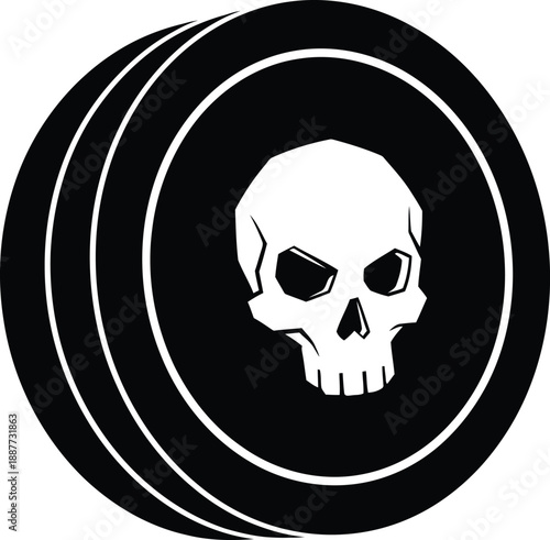 Stacked weight plates feature a stylized, menacing skull graphic in stark black and white contrast.