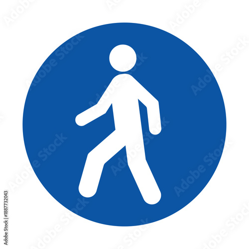 Simple Walking Symbol Icon on Blue Circle Background for Signage Use