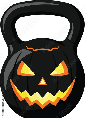 Black kettlebell is designed with a glowing orange Jack-o-lantern face suitable for Halloween fitness themes.