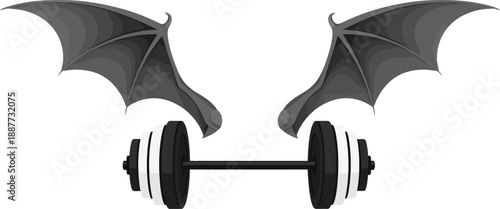 Dumbbell graphic features large black bat wings suggesting dark or intense weight training.