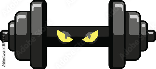 Black dumbbell features glowing yellow menacing eyes suggesting an aggressive workout spirit.