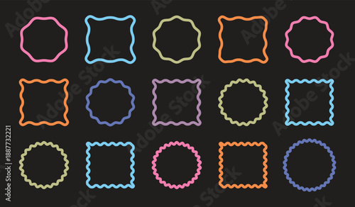 Geometric shapes with scallop and zigzag edges set. Scallop frame wavy retro stickers . Vector illustration. 