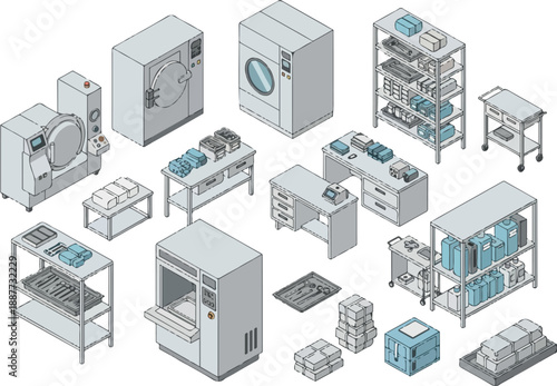 Isometric Medical Equipment Icons Set Sterile Supply and Instrument Storage
