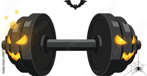 A heavy black dumbbell features weights shaped like glowing orange jack-o'-lantern faces ready for a Halloween workout.