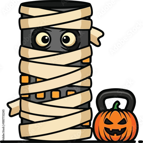 A tall cylinder object wrapped like a mummy stands beside a small jack-o'-lantern shaped kettlebell.