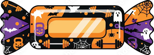 Halloween themed wrapper design for a fitness supplement bar features pumpkins, bats, and workout equipment icons.