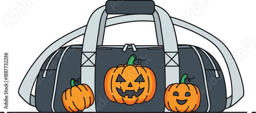 Gray and black duffel bag displays three carved Halloween pumpkins, including one large jack-o'-lantern centerpiece.