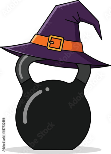 A black kettlebell is decorated with a purple witch hat featuring an orange buckle strap on a white background.