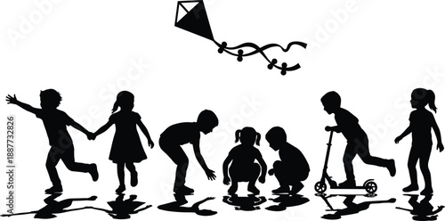 Children playing outdoor silhouettes, kids holding hands flying kite scooter activities, joyful childhood lifestyle moments, fun playtime scene, isolated black illustration