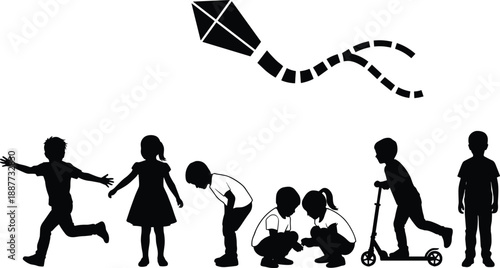 Children playing outdoor silhouettes set, kids flying kite running scooter activities, playful childhood moments, fun lifestyle scene, isolated black figures illustration