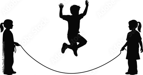 Children silhouettes playing jump rope together, happy kids jumping and holding rope, active childhood fun concept, teamwork play, isolated white background