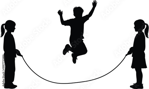 Children silhouettes playing jump rope together, happy kids skipping rope and jumping high, active childhood teamwork game, playful outdoor fun, isolated white background