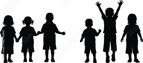 Children silhouettes standing and playing together, happy kids raising hands, childhood friendship concept, black shadow figures, isolated white background