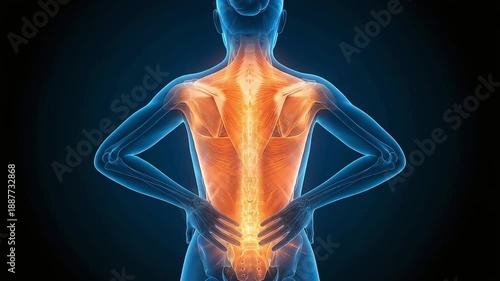 A medical 3D illustration visualizing pain and muscle inflammation throughout a woman's back