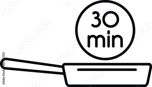 Frying pan illustrating a timer with 30 minutes for a cooking instruction