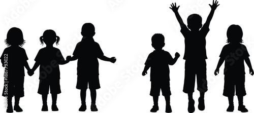 Happy children silhouettes standing and jumping together, playful kids raising hands, childhood friendship concept, group activity illustration, isolated white background