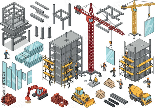 Isometric Construction Site Elements Cranes, Buildings, and Machinery
