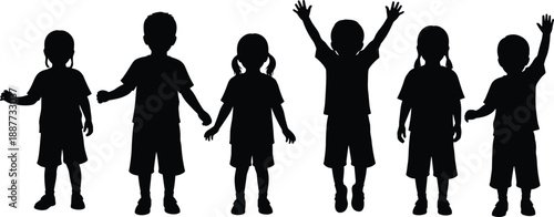 Happy children silhouettes standing and jumping together, playful kids raising hands, childhood friendship concept, joyful group activity, isolated white background