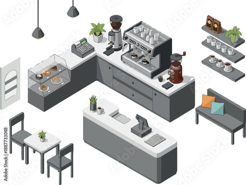 Isometric Cafe Interior Design with Counter, Seating, and Coffee Equipment Illustration