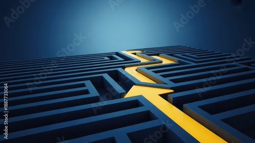 Yellow arrow navigating through a complex blue maze representing solution and guidance