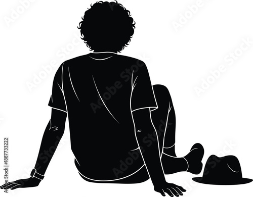 Lonely man sitting silhouette from behind, thoughtful relaxed posture concept, solitude reflection lifestyle moment, calm mood scene, isolated black illustration