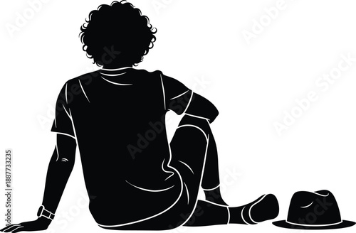 Man sitting alone silhouette from behind, relaxed thoughtful posture, solitude reflection lifestyle concept, calm emotional mood, isolated black illustration art