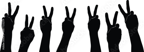 Raised hands peace sign silhouette background, victory and freedom gesture, unity concept, black and white human hands illustration