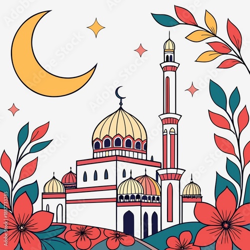 Vibrant ramadan mubarak greeting with mosque, crescent moon, and ornate floral design