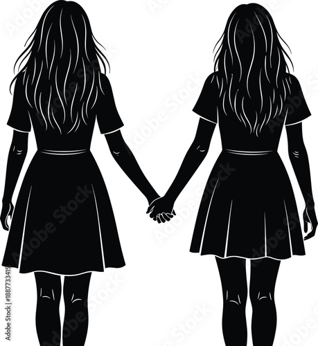 Two women holding hands silhouette illustration, female friendship love unity concept, companionship walking together, emotional bond relationship, minimalist black art