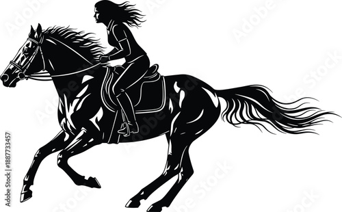 Woman riding horse silhouette in motion, equestrian sport, horseback riding action, female rider, freedom and power concept, isolated white background
