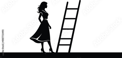 Woman silhouette facing ladder, career growth and ambition concept, female success journey, leadership and progress, black and white illustration