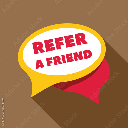 Referral program message displaying refer a friend inside a chat bubble on a brown background