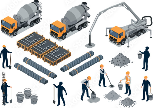 Concrete mixer and workers at construction site isometric vector illustration