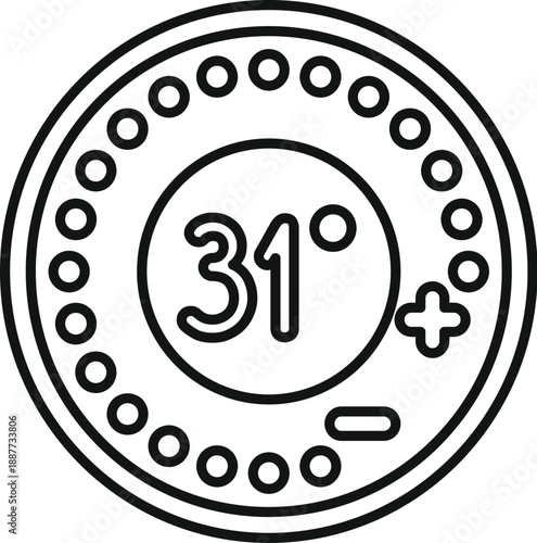 Line art icon of a thermostat showing temperature adjustment controls