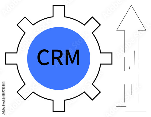 Business growth, CRM systems, productivity, customer strategy, process improvement, analytics. Graphic of a gear with CRM text next to an upward arrow. Business growth and CRM systems concept