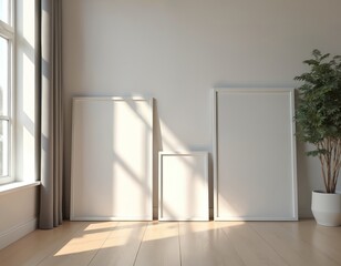 Three empty white picture frames stand on wooden floor near window with light curtains. Potted green plant sits to right of frames. Clean interior space perfect for displaying art photographs.