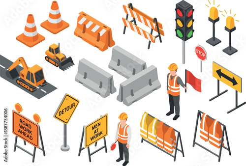 Construction Site Equipment and Worker Isometric Icons