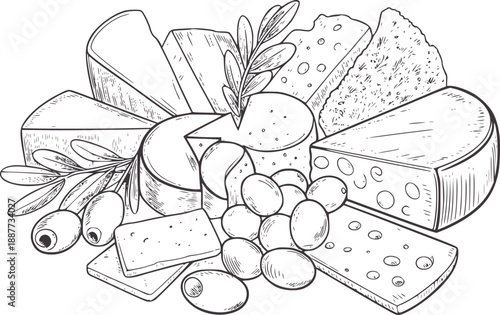 Black and of assorted cheeses olives and rosemary sprigs food