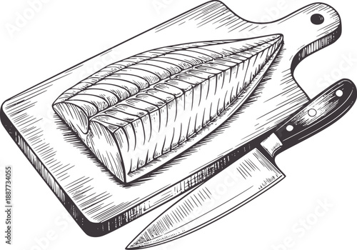 Black and of fish fillets a wooden cutting board with a knife seafood food