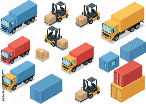 Isometric Logistics Trucks, Forklifts, and Cargo Container Vectors