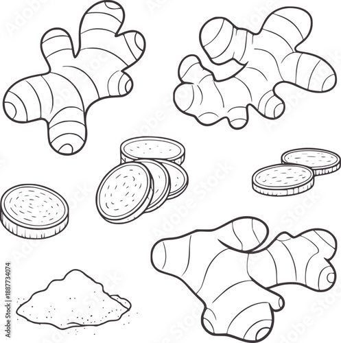 Black and of ginger root slices and powder spice