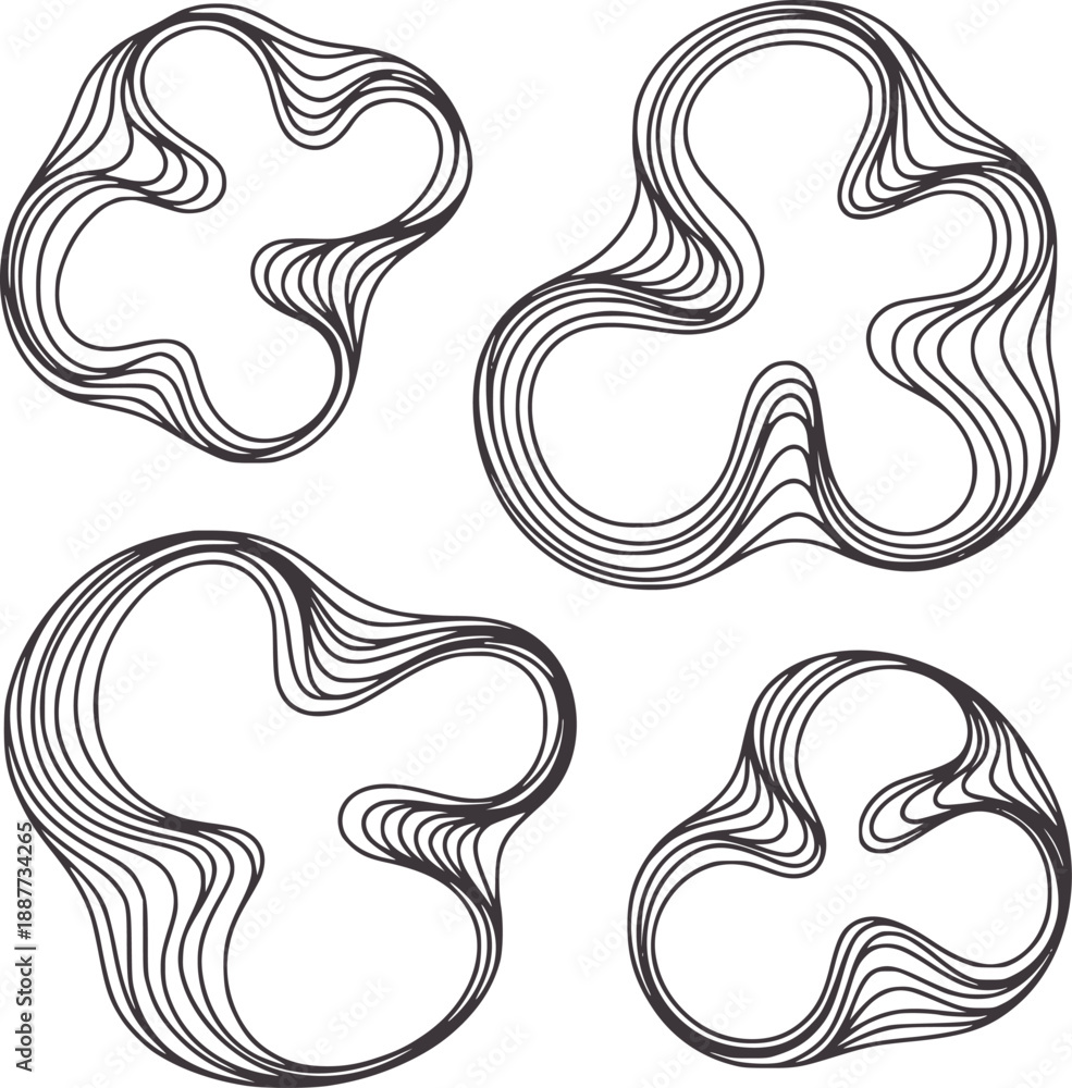 Fototapeta premium Four abstract organic shapes with layered contour lines