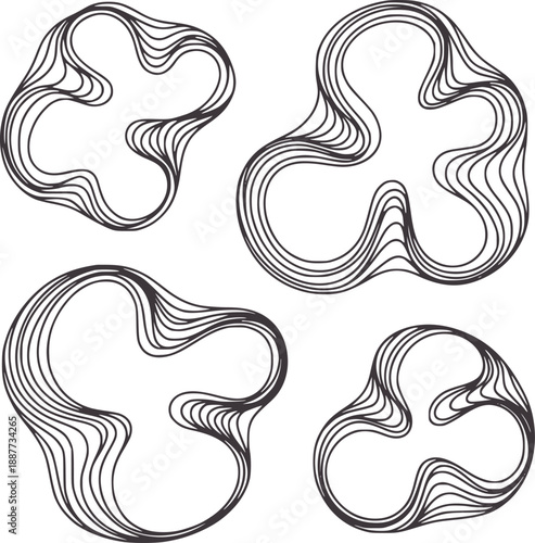 Four abstract organic shapes with layered contour lines