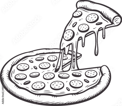 Hand drawn black and of a pepperoni pizza slice with dripping cheese food