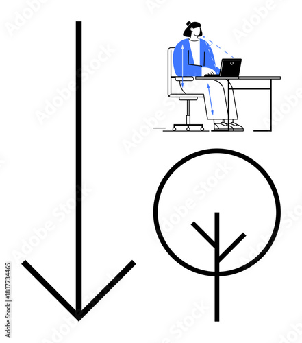 Workplace concept. Workplace symbols include a minimalist woman at a desk working on a laptop, an arrow, and a tree-thumbs up design. Workplace productivity and creativity . For office design, team