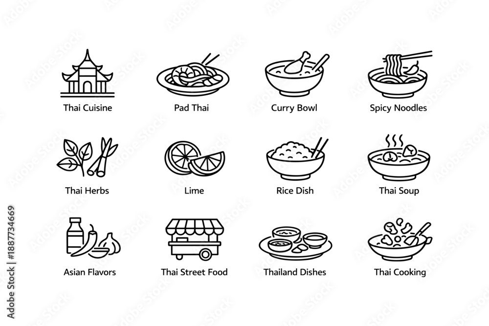 Fototapeta premium Icons of thai cuisine: pad thai, curry, spicy noodles, herbs, lime, rice, soup, asian flavors