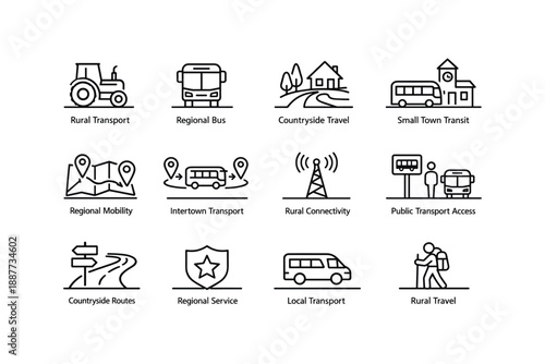 Rural and regional transport icons: bus, tractor, connectivity, travel, mobility