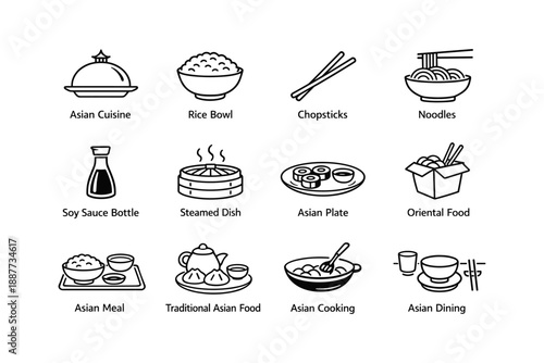 Asian cuisine icons: rice bowl, noodles, chopsticks, soy sauce, steamed dish